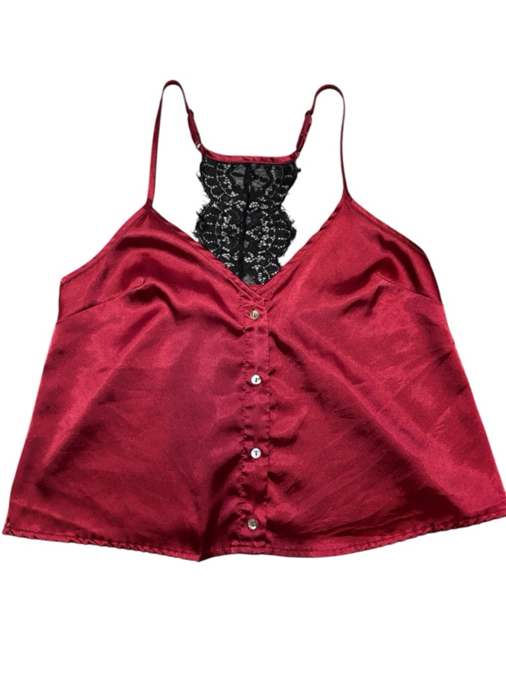 Yandy Women’s Satin Lace Back Cami Top Cropped Medium Large Red Black Sexy